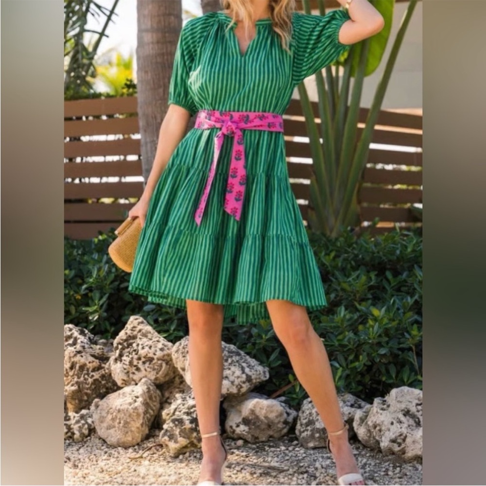 Printfresh Seaside Stripes “It’s a Date” Clover Green Dress w/Pink Floral Belt.